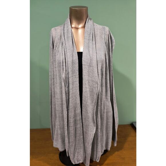 Doncaster Collection Open Front Long Linen Cardigan with Wide Collar Gray, Sz M - Picture 2 of 5